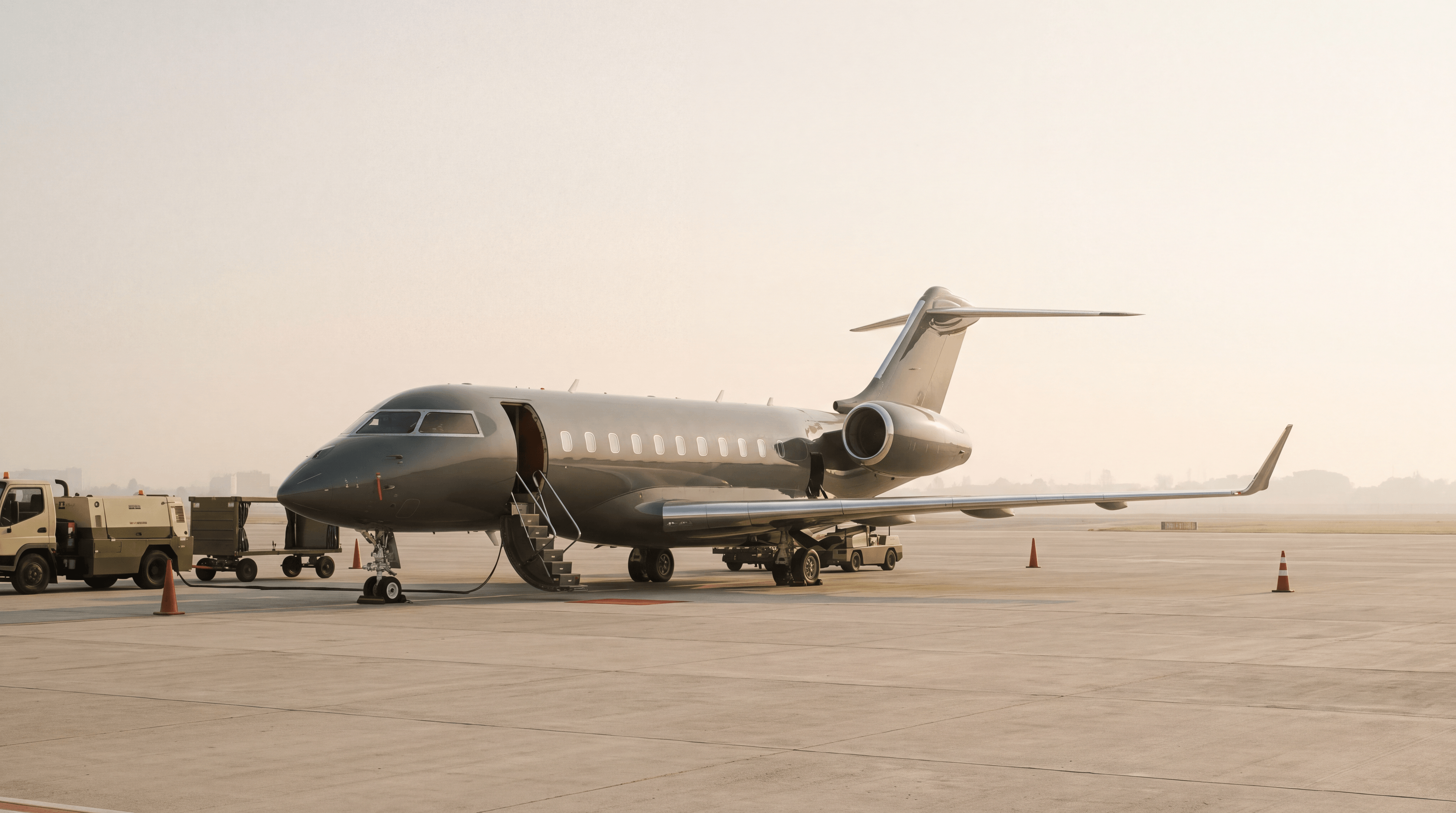Private jet on an airport ramp in soft morning light, cabin door open
